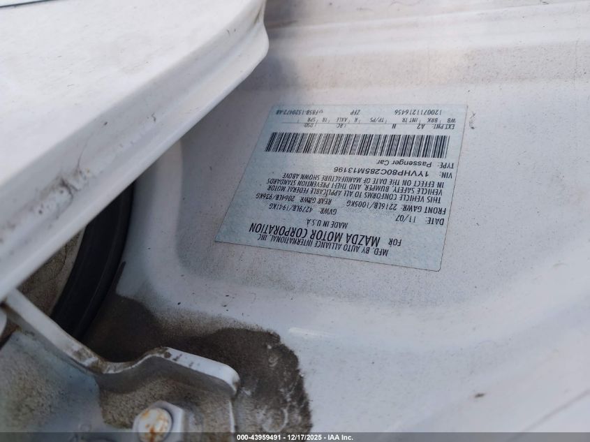 2008 Mazda Mazda6 I Sport Ve VIN: 1YVHP80C285M13196 Lot: 43959491