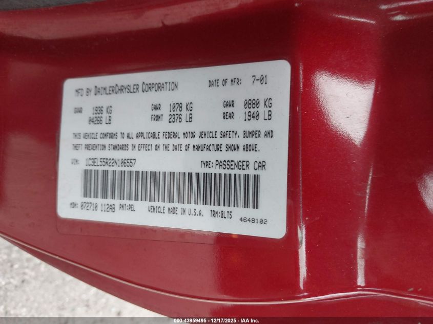 2002 Chrysler Sebring Lxi VIN: 1C3EL55R22N106557 Lot: 43959495