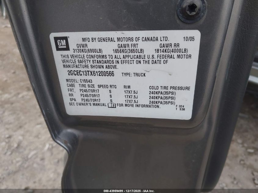 2006 Chevrolet Silverado 1500 Lt1 VIN: 2GCEC13TX61200566 Lot: 43959499