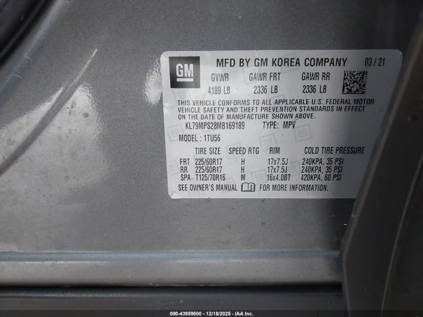 2021 Chevrolet Trailblazer Fwd Lt VIN: KL79MPS28MB169189 Lot: 43959500