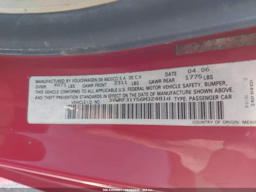 2006 Volkswagen New Beetle 2.5 VIN: 3VWRF31Y56M324818 Lot: 43959501