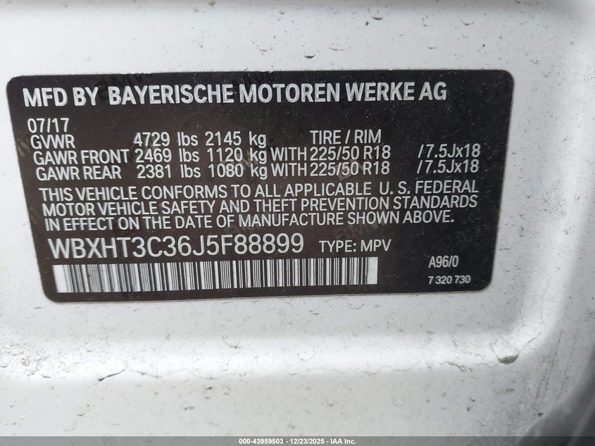 2018 BMW X1 xDrive28I VIN: WBXHT3C36J5F88899 Lot: 43959503