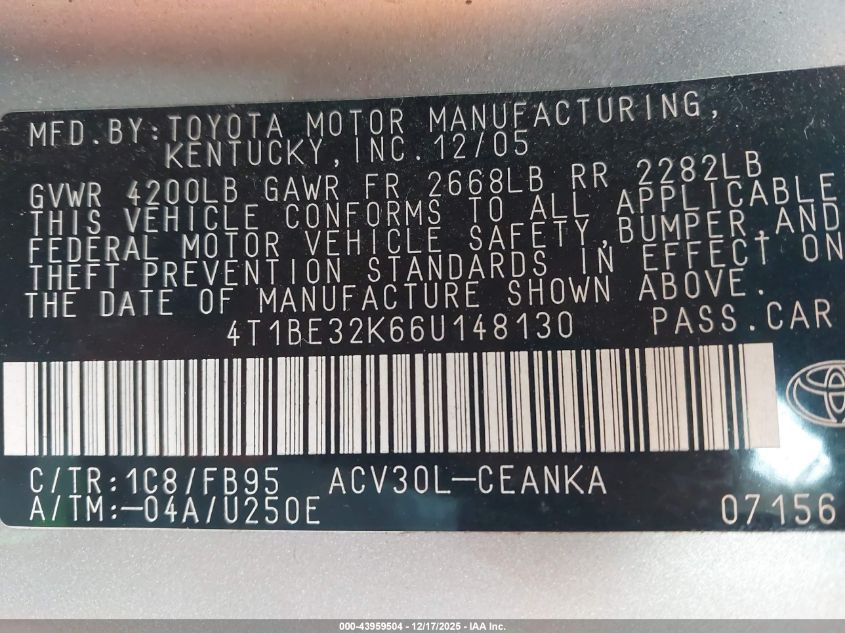 2006 Toyota Camry Le VIN: 4T1BE32K66U148130 Lot: 43959504