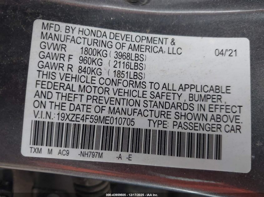 2021 Honda Insight Ex VIN: 19XZE4F59ME010705 Lot: 43959505