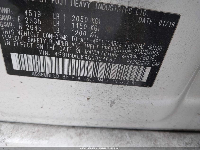2016 Subaru Legacy 2.5I Limited VIN: 4S3BNAL69G3034687 Lot: 43959506