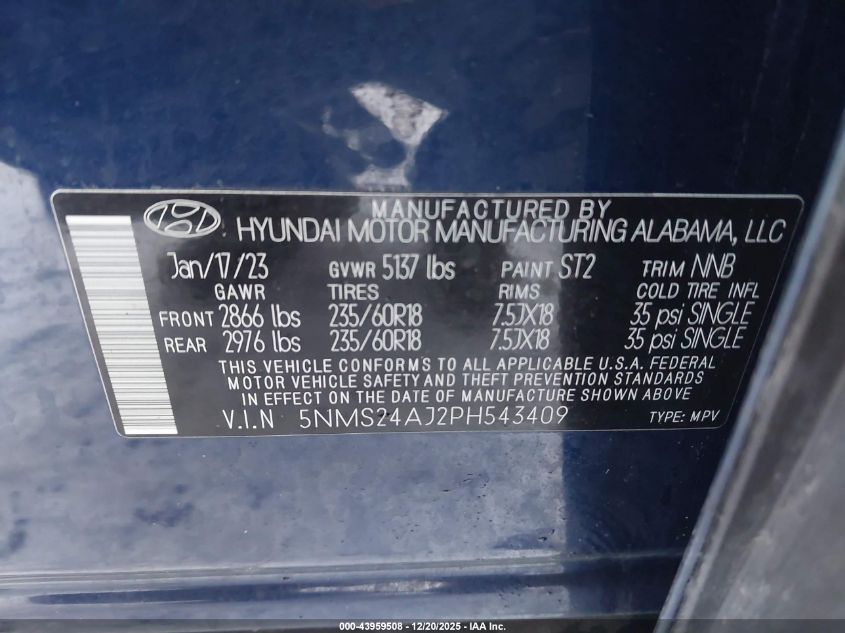 2023 Hyundai Santa Fe Sel VIN: 5NMS24AJ2PH543409 Lot: 43959508