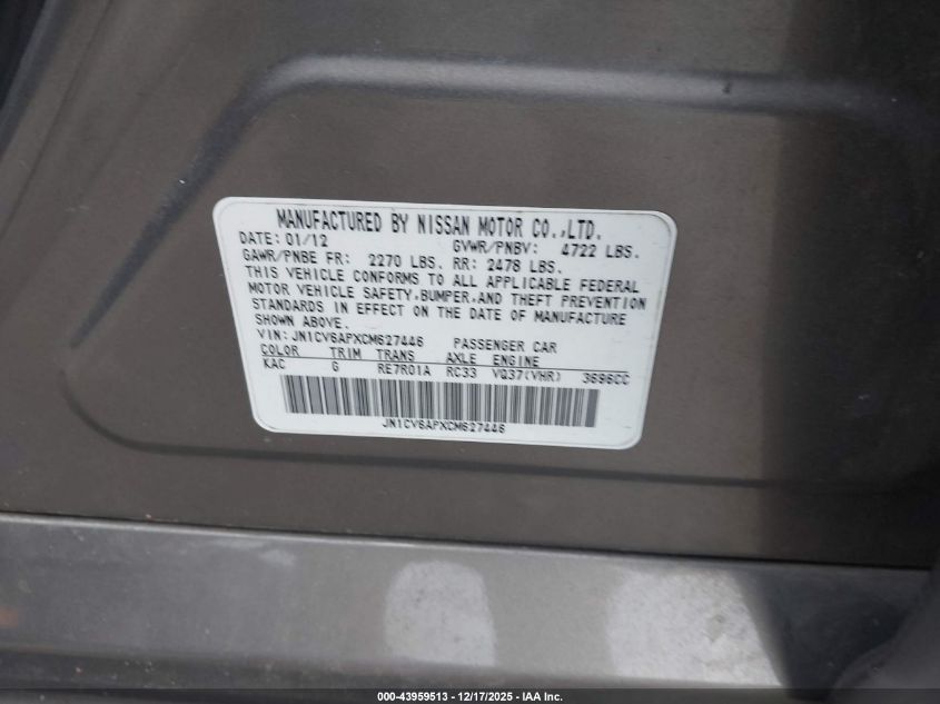 2012 Infiniti G37 Journey VIN: JN1CV6APXCM627446 Lot: 43959513