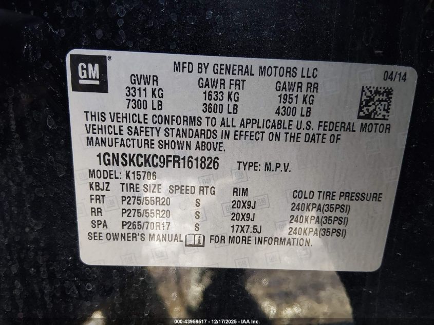 2015 Chevrolet Tahoe Ltz VIN: 1GNSKCKC9FR161826 Lot: 43959517