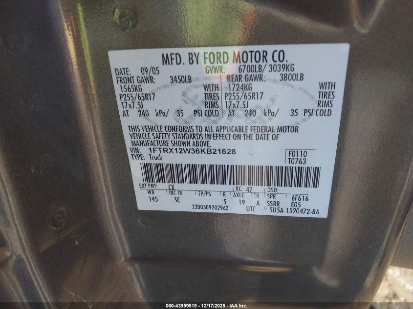 2006 Ford F-150 Stx/Xl/Xlt VIN: 1FTRX12W36KB21628 Lot: 43959519