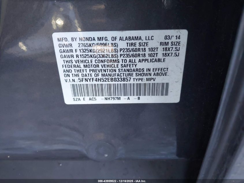 2014 Honda Pilot Ex-L VIN: 5FNYF4H52EB033857 Lot: 43959522