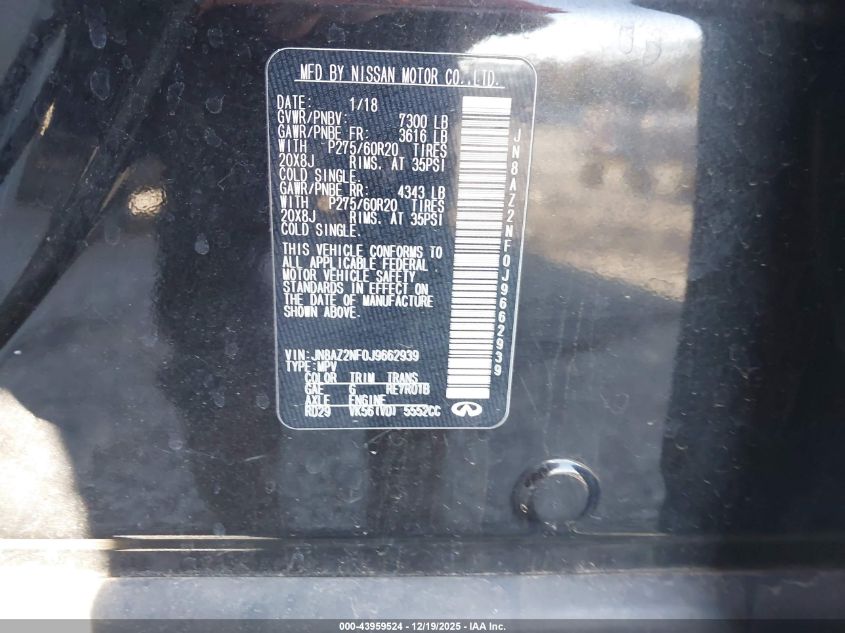 2018 Infiniti Qx80 VIN: JN8AZ2NF0J9662939 Lot: 43959524