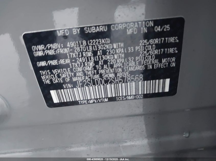 2025 Subaru Forester Premium VIN: JF2SLDDC2SH578568 Lot: 43959525