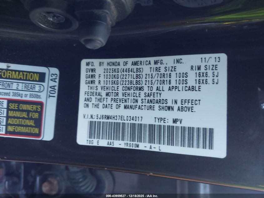 2014 Honda Cr-V Lx VIN: 5J6RM4H37EL034017 Lot: 43959527