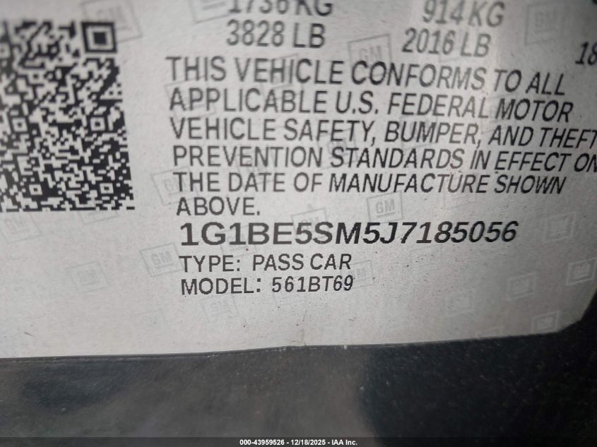 2018 Chevrolet Cruze Lt Auto VIN: 1G1BE5SM5J785056 Lot: 43959526