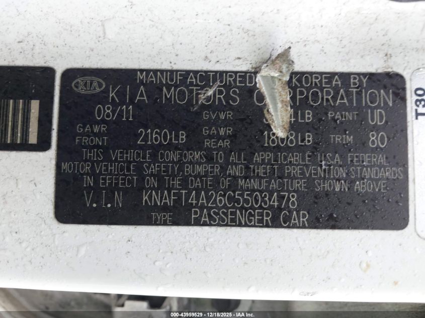 2012 Kia Forte Lx VIN: KNAFT4A26C5503478 Lot: 43959529