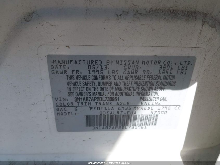 2013 Nissan Sentra Sr VIN: 3N1AB7AP2DL730961 Lot: 43959532