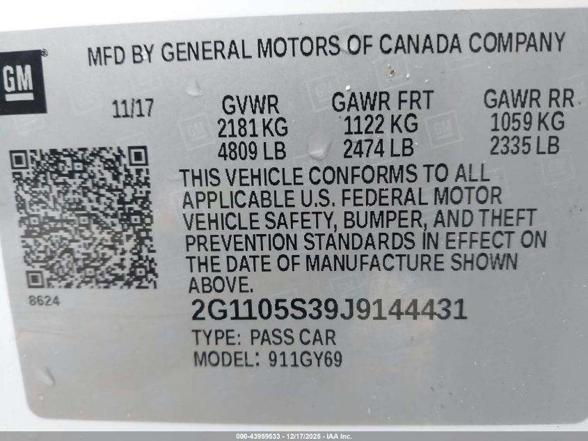 2018 Chevrolet Impala 1Lt VIN: 2G1105S39J9144431 Lot: 43959533