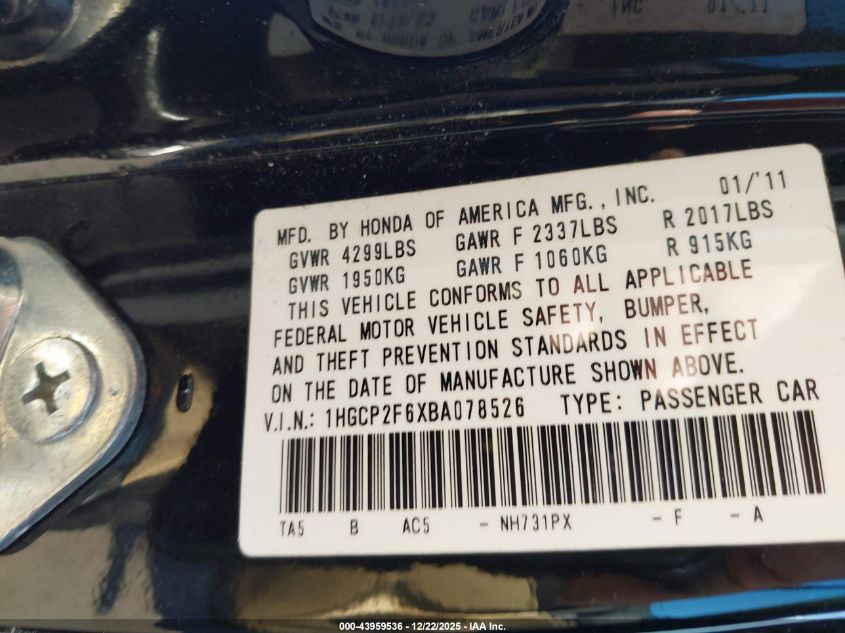 2011 Honda Accord 2.4 Se VIN: 1HGCP2F6XBA078526 Lot: 43959536