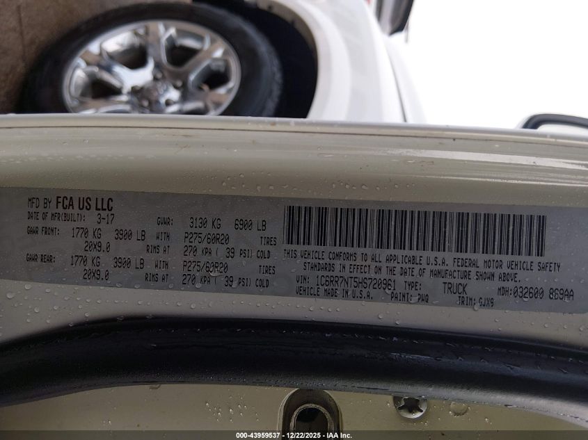 2017 Ram 1500 Laramie 4X4 5'7 Box VIN: 1C6RR7NT5HS720961 Lot: 43959537