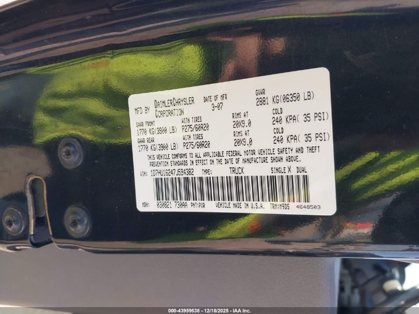 2007 Dodge Ram 1500 Slt/Trx4 Off Road/Sport VIN: 1D7HU16247J594382 Lot: 43959538