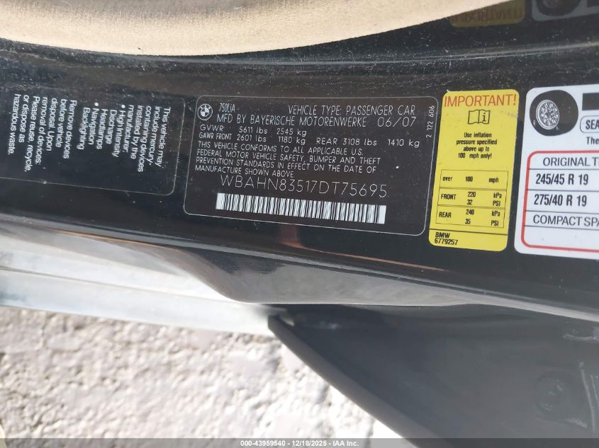 2007 BMW 750Li VIN: WBAHN83517DT75695 Lot: 43959540