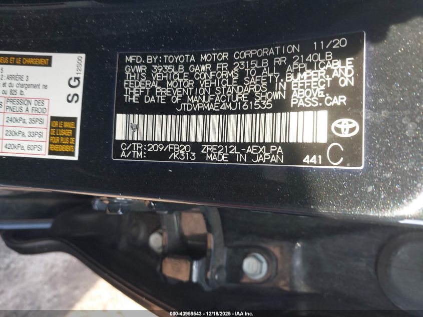 2021 Toyota Corolla Le VIN: JTDVPMAE4MJ161535 Lot: 43959543