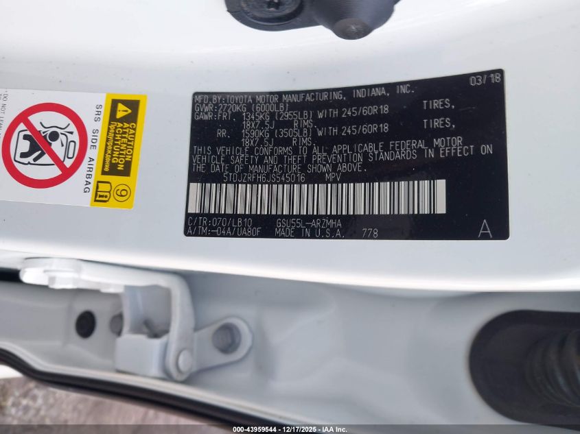 2018 Toyota Highlander Xle VIN: 5TDJZRFH6JS545016 Lot: 43959544