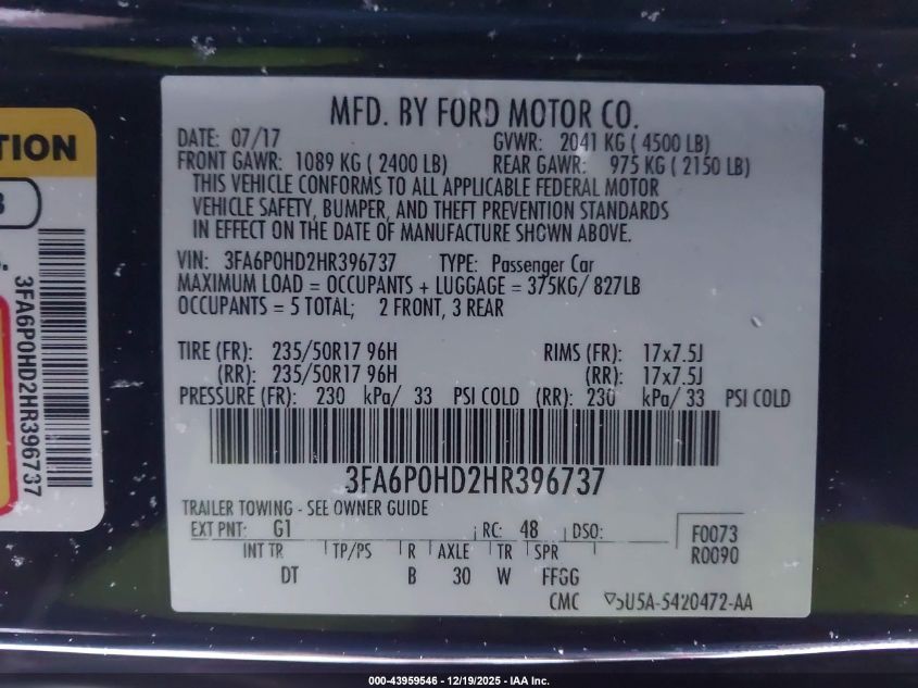 2017 Ford Fusion Se VIN: 3FA6P0HD2HR396737 Lot: 43959546