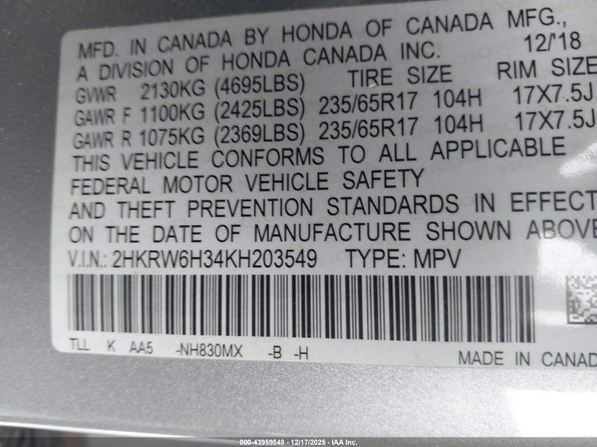 2019 Honda Cr-V Lx VIN: 2HKRW6H34KH203549 Lot: 43959548
