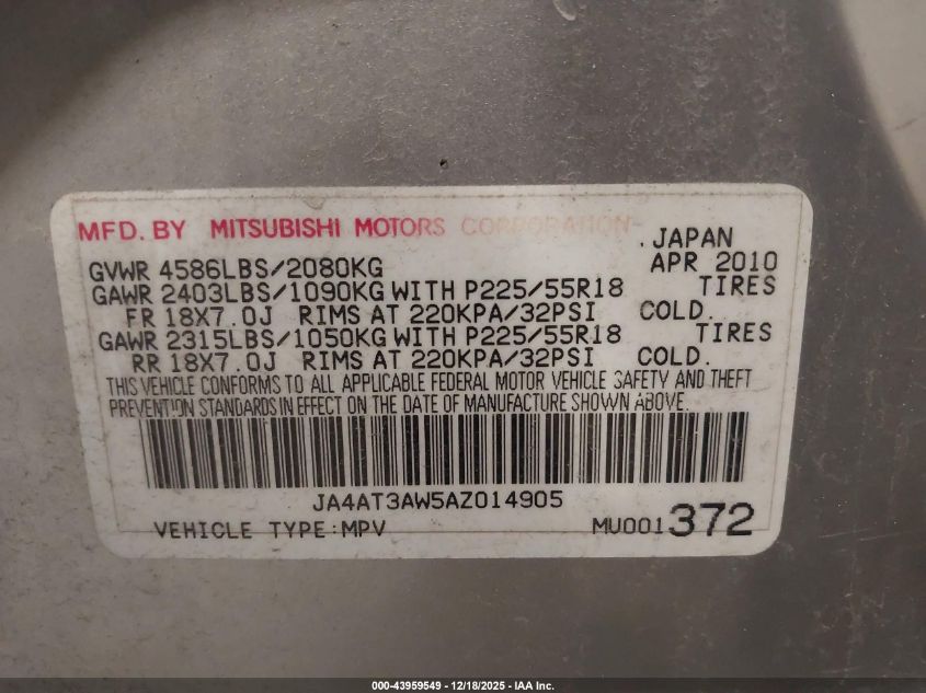 2010 Mitsubishi Outlander Se VIN: JA4AT3AW5AZ014905 Lot: 43959549