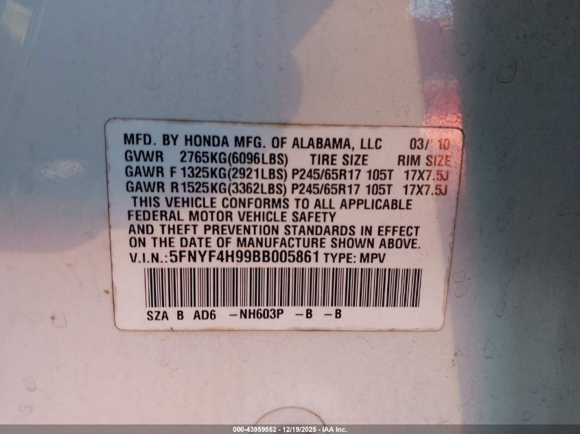 2011 Honda Pilot Touring VIN: 5FNYF4H99BB005861 Lot: 43959552