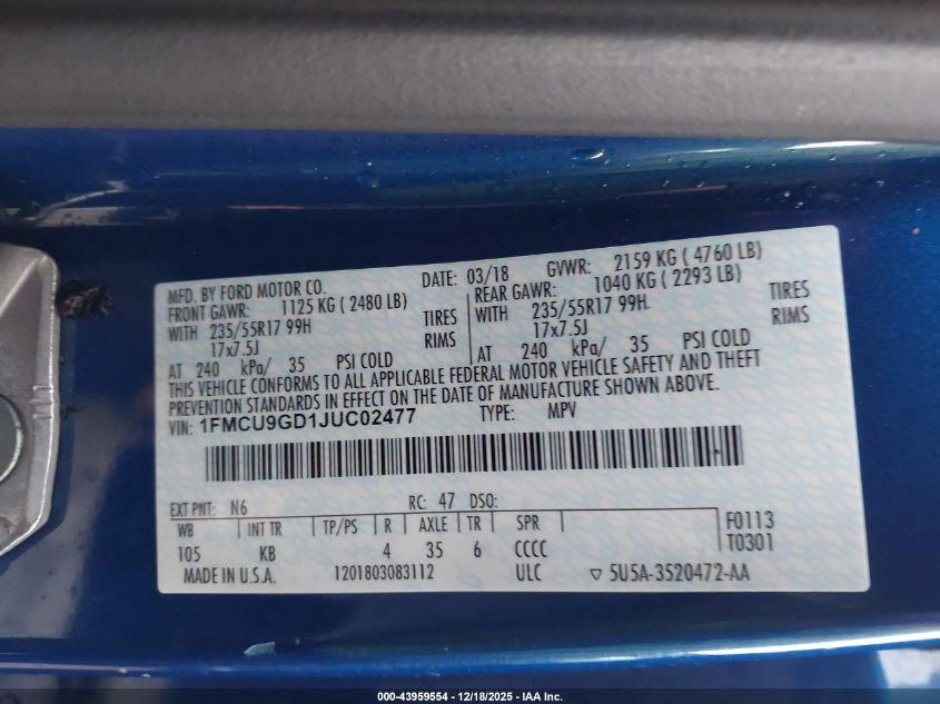 2018 Ford Escape Se VIN: 1FMCU9GD1JUC02477 Lot: 43959554