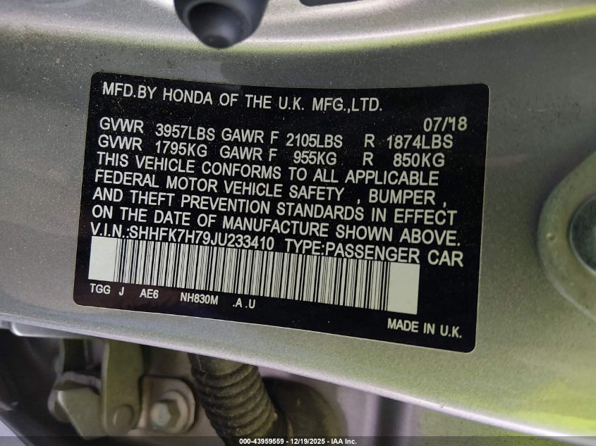 2018 Honda Civic Ex-L VIN: SHHFK7H79JU233410 Lot: 43959559