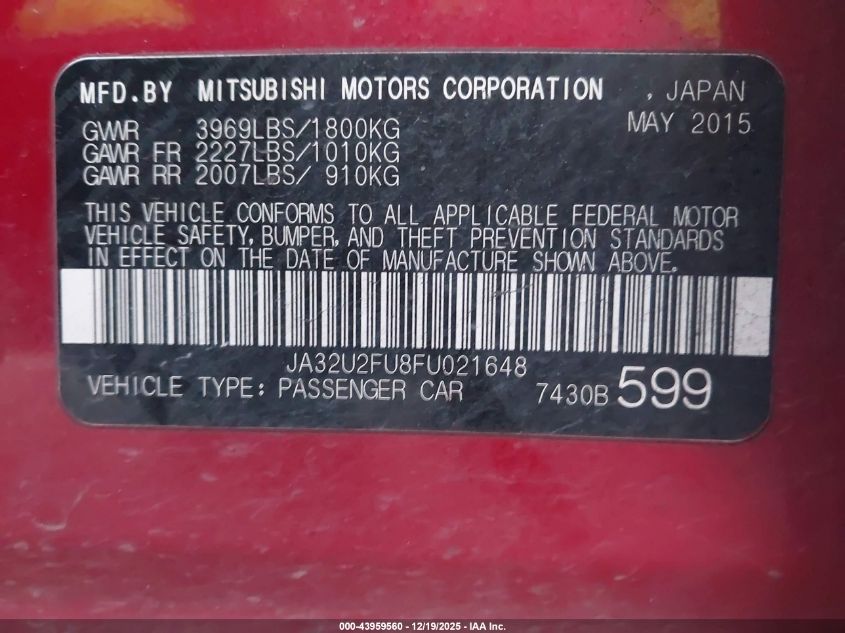 2015 Mitsubishi Lancer Es VIN: JA32U2FU8FU021648 Lot: 43959560