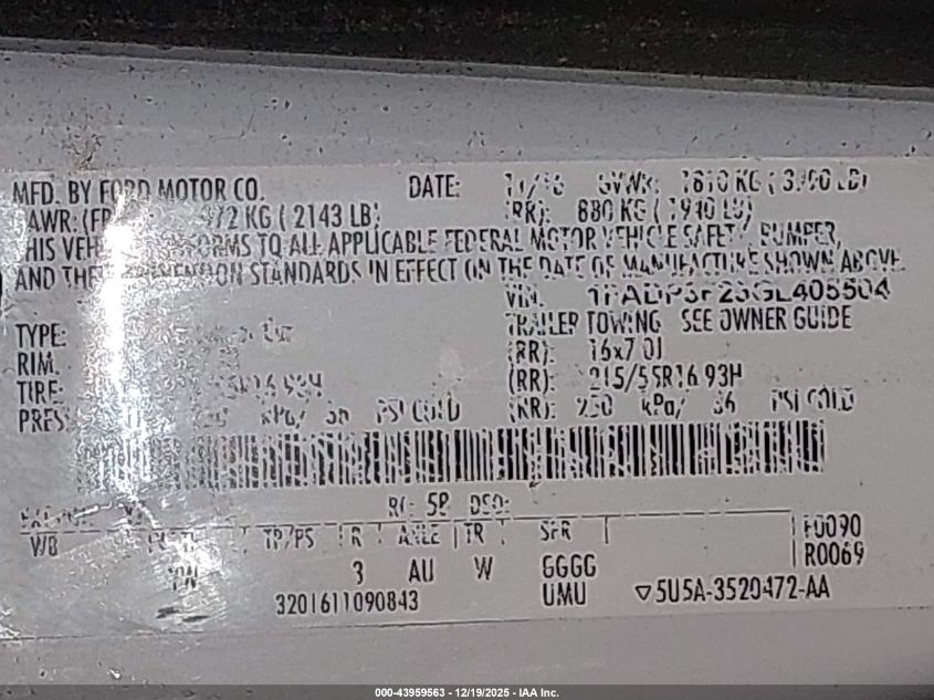 2016 Ford Focus Se VIN: 1FADP3F25GL405504 Lot: 43959563