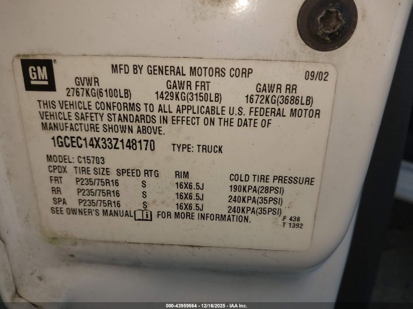 2003 Chevrolet Silverado 1500 VIN: 1GCEC14X33Z148170 Lot: 43959564