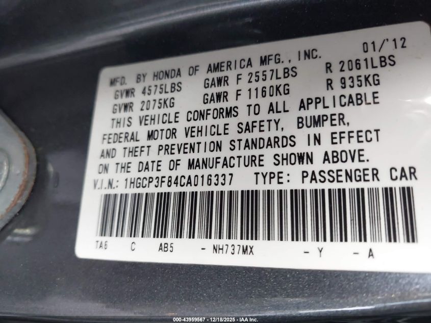2012 Honda Accord 3.5 Ex-L VIN: 1HGCP3F84CA016337 Lot: 43959567