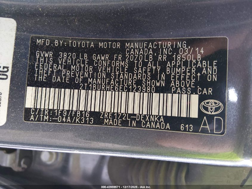 2014 Toyota Corolla Le VIN: 2T1BURHE6EC123980 Lot: 43959571