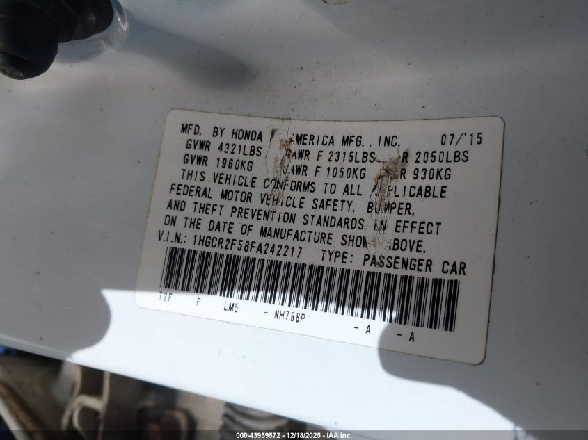 2015 Honda Accord Sport VIN: 1HGCR2F58FA242217 Lot: 43959572
