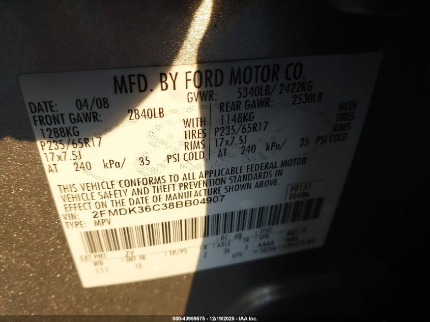 2008 Ford Edge Se VIN: 2FMDK36C38BB04907 Lot: 43959575