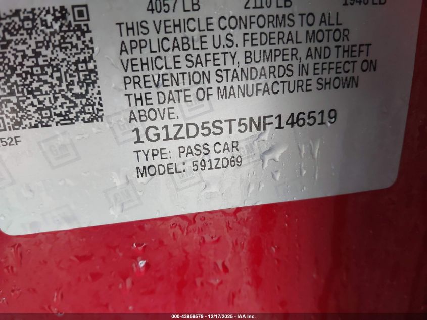 2022 Chevrolet Malibu Fwd Lt VIN: 1G1ZD5ST5NF146519 Lot: 43959579