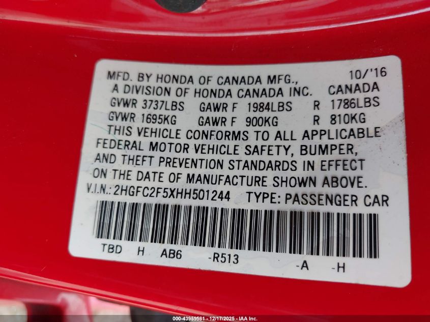 2017 Honda Civic Lx VIN: 2HGFC2F5XHH501244 Lot: 43959581