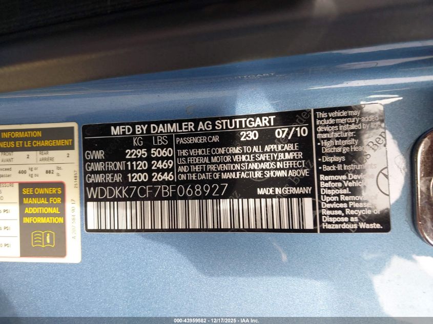 2011 Mercedes-Benz E 550 VIN: WDDKK7CF7BF068927 Lot: 43959582