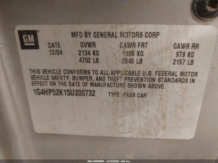 2005 Buick Lesabre Custom VIN: 1G4HP52K15U200732 Lot: 43959589