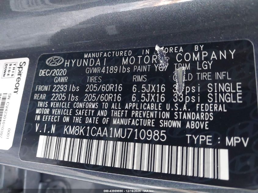 2021 Hyundai Kona Se VIN: KM8K1CAA1MU710985 Lot: 43959590