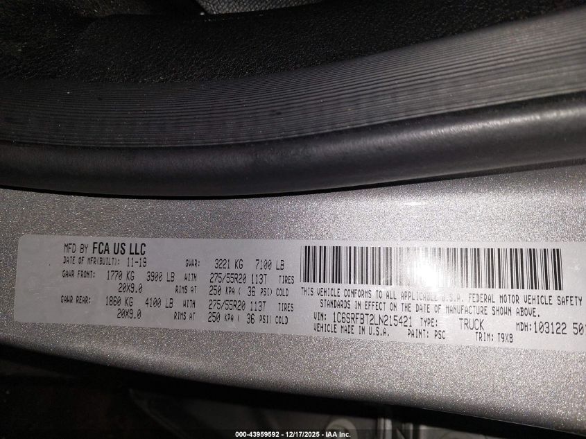 2020 Ram 1500 Big Horn 4X4 6'4 Box VIN: 1C6SRFBT2LN215421 Lot: 43959592