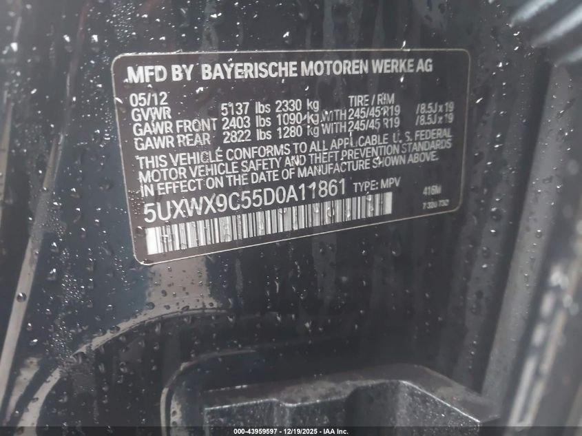 2013 BMW X3 xDrive28I VIN: 5UXWX9C55D0A11861 Lot: 43959597