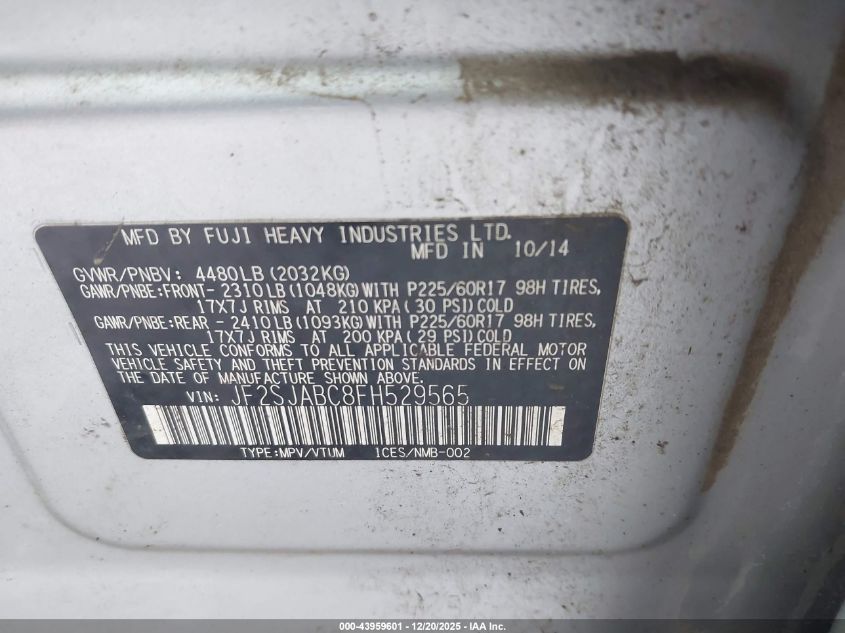2015 Subaru Forester 2.5I VIN: JF2SJABC8FH529565 Lot: 43959601