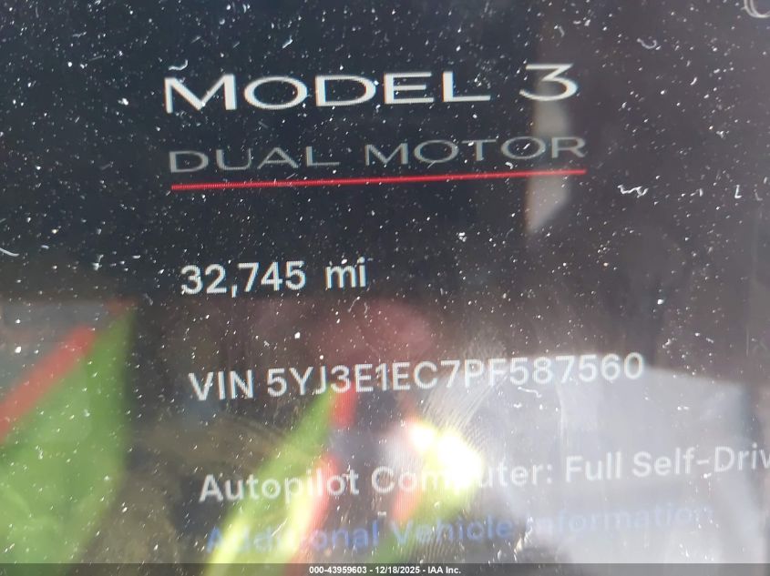 2023 Tesla Model 3 Performance Dual Motor All-Wheel Drive VIN: 5YJ3E1EC7PF587560 Lot: 43959603