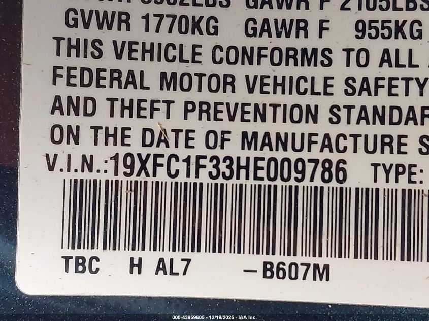 2017 Honda Civic Ex-T VIN: 19XFC1F33HE009786 Lot: 43959605